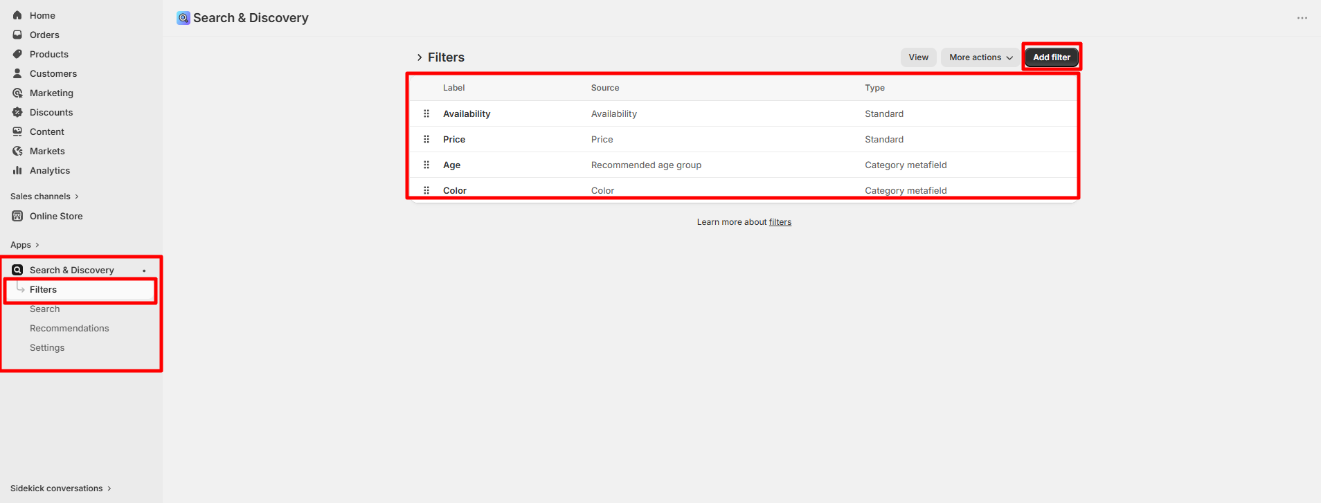 search and discovery filters settings