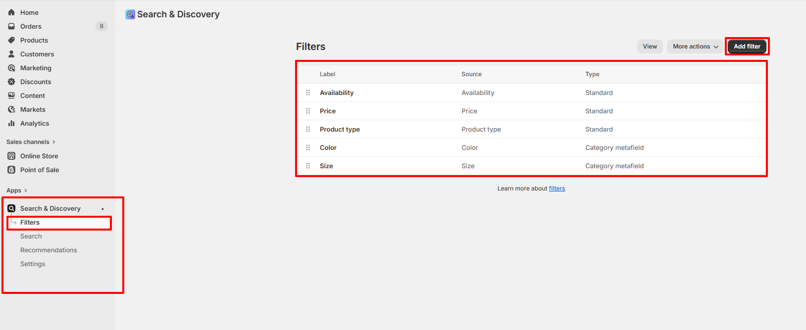 search and discovery filters settings